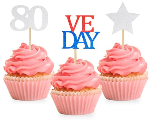16 Pcs VE Day Cupcake Toppers - Glitter VE Day 80th Anniversary Cake Decorations, 80 Years Victory In Europe RAF 1945 UK