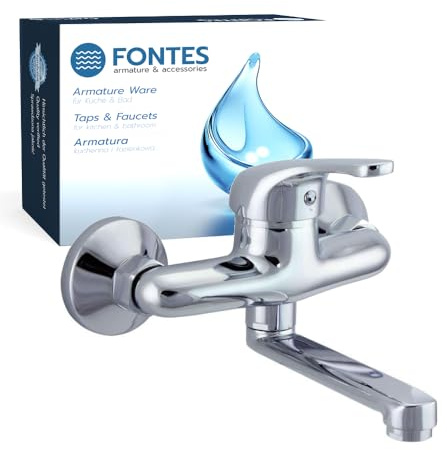 FONTES Wandwasserhahn Chrom, Spültischarmatur 360°, Wandarmatur für Küche/Ausgussbecken, Mischbatterie für Wandmontage, Drehbare Wasserhahn Küche, Kalt und Heiß Einhebelmischer, Schwenkarm 20cm