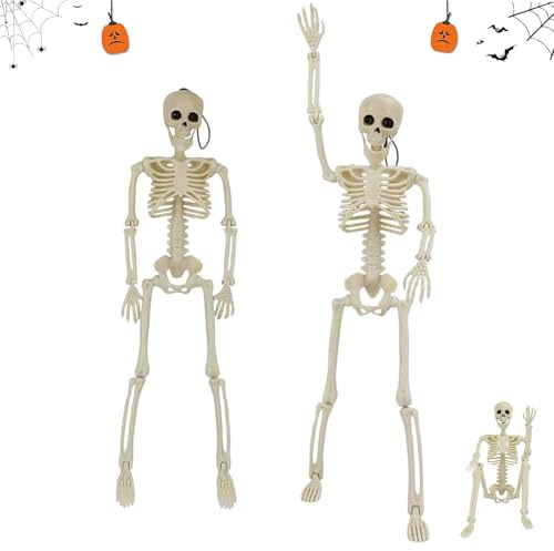 Scheletro per Halloween 2 pezzi, Addobbi Halloween Scheletro, Scheletro Realistico 40cm, Con Articolazioni Mobili, Posabile e Appeso per Festa, per Esterni, Interni, Giardino