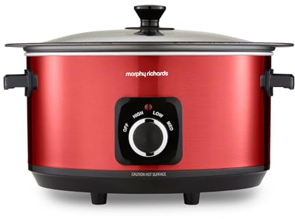 Morphy Richards Accents 6.5L Sear & Stew Slow Cooker, Shatter Resistant Non Stick Aluminium Pot, Single Pot Cooking, 3 Heat Settings, Hob Proof, Glass Lid, Easy Clean & View, Red, 461026