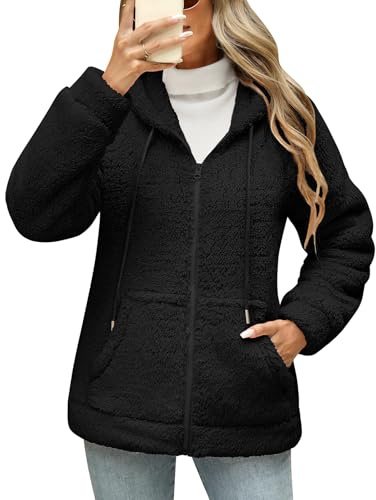Yuson Girl Felpa Donna con Zip Pile Cappuccio Giacca Teddy Felpe Sweatshirt Invernale Autunno Caldo Felpata Termico Hoodie Leggera Maglione Outwear Manica Lunga con Cappuccio e Tasche(Nero, M)