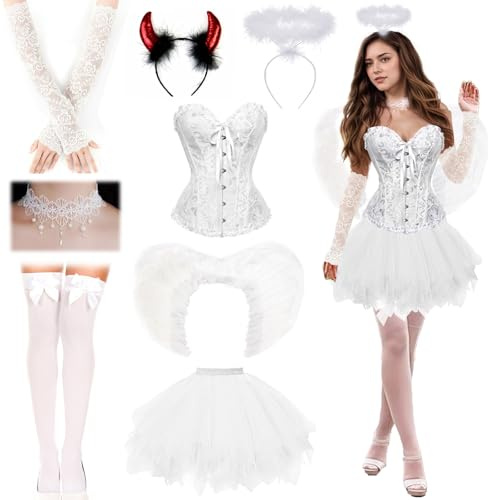 HUIKUANGEU Tüllrock,Teufel Kostüm,Engel und Teufel Flügel Kostüm,Halloween Kostüm Damen,Damen Schnürkorsett Top,Schwarz Engel Kostüm,Teufelsflügel Deko,für Karneval,Fasching,Mottoparty,Halloween