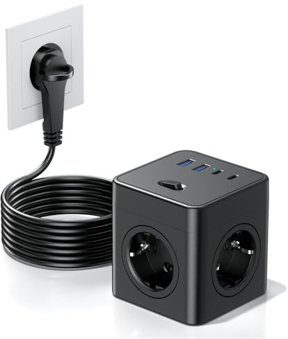 Cube Multiprise 8-en-1 avec Interrupteur, 4 Prises avec 2 USB-A et 2 USB-C, multiprise Power Cube avec Anneau de Traction, câble de 1,5 m pour la Maison/Le Bureau, Noir