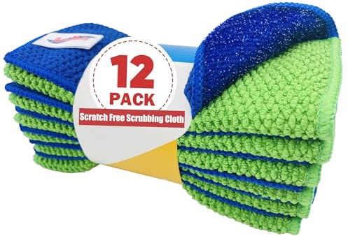12-Pack Reusable, Scrub Dish Cloth –Non-Scratch Microfiber Scrubber, Planet-Friendly, Easy Rinsing, Quick Dry, Dishwasher Safe Cloth for Kitchen & Household, 6 x 6 Inch, Blue & Green Assorted