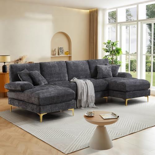 SoarFlash Sofá Seccional Chenille en Forma de U de 4 Asientos, Función de Reclinación Doble, Marco de Madera Resistente & Patas de Metal Dorado, Gris