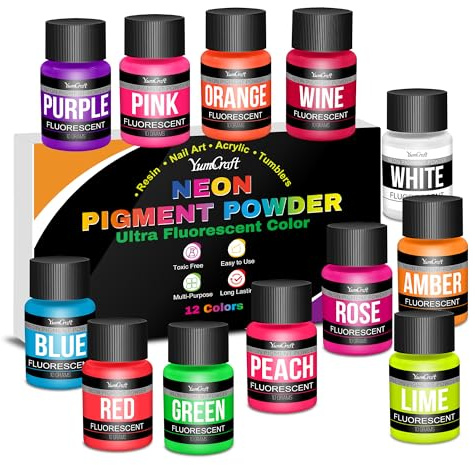 Neon Pigment Pulver Set 12 Farben je 10g, Fluoreszierendes Leuchtpigment & Nagel Glitter Pigment für Epoxidharz, Nageldesign, Nagelkunst, Seifen, Kerzen, Slime, Malerei, Schmuck und DIY Bastelarbeiten