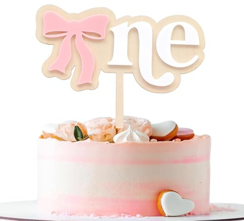 VARACL Baby First Birthday Cake Topper, Wooden Pink Bow One Cake Topper for Baby Shower, One Sign 1st Girl Birthday Party Cake Decorations Favors Supplies Decor