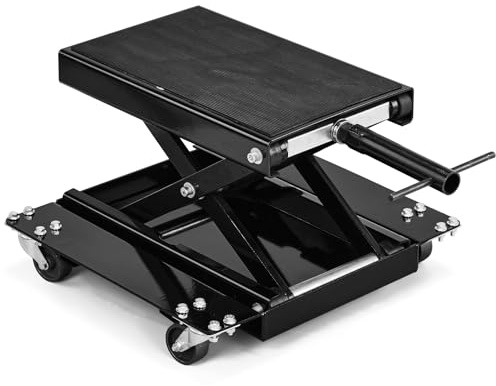 MOTOOS Motorcycle Scissor Lift Jack with Dolly, 1100 LBS Heavy Duty Center Stand, Wide Anti-Slip Deck, Removable Caster Wheels for Motorcycle, ATV & Dirt Bike – Black