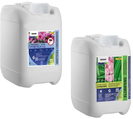 Stocker Kit Antizanzare Professionale 10L (Pirekraft 5L + Florifens 5L) - Insetticida PMC al Piretro Naturale e Disabituante Botanico per Sistemi di Nebulizzazione Geyser e Manuali
