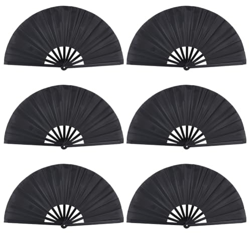 PH PandaHall Lot de 6 éventail Pliable à Main 34.5cm Noir en Tissu Oxford Grand Format Grand Ventilateur Pliable pour la Ligne Dansant Rave Bottes sur Le Sol Performance Party Décorations