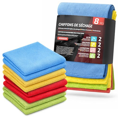 VENTUX GEAR 8X Chiffons Microfibre 40×40 cm – Lot de 4 | Ultra Absorbants & Multi-Usages | Nettoyage Auto, Cuisine, Vitres & Maison