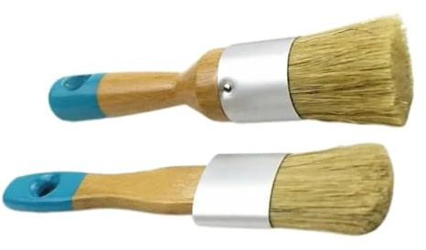 SiumPklay 2-Piece Frenchic Browning Wax & Chalk Paint Brush Set for Furniture, Natural Bristle Round and Flat Paint Brushes with Wood Handle for Painting, Waxing & DIY Projects