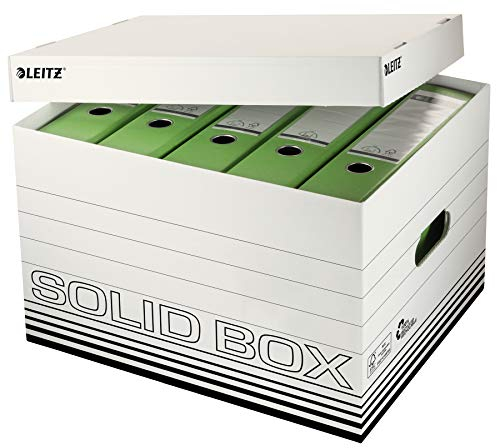 Leitz Solid Box Aufbewahrungs- und Transport-Schachtel, Größe L, Schachtel für Leitz A4 Archivbox oder A4 Ordner, Transportbox mit Deckel, 100 % geriffelter Recyclingkarton, 10 Stück, Weiß, 61190001