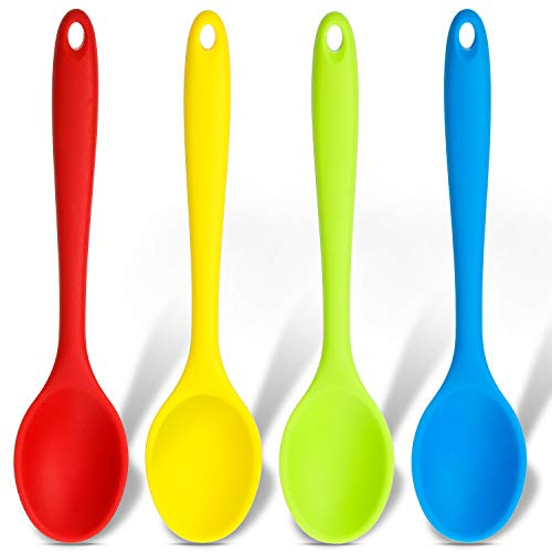 Patelai 4 Pieces Small Multicolored Silicone Spoons Silicone Serving Stirring Spoon for Kitchen Nonstick Cooking Baking Stirring Mixing Tools(Dark Red, Green, Yellow, Blue)
