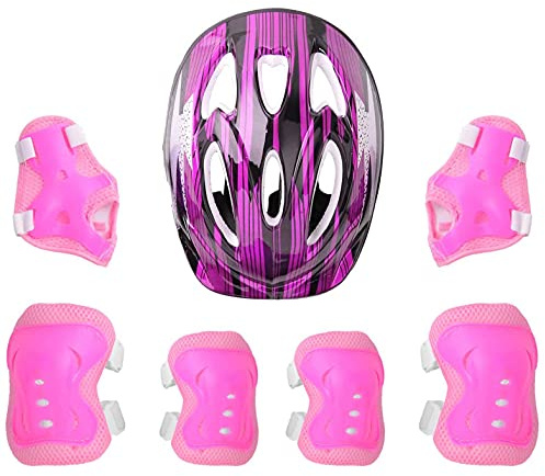 ranrann Barn cykelskyddsset, pojke, flicka, justerbar rullhjälm, armbågsskydd, knäskydd, handledsskydd, för skoter, skateboard skoter, sportutrustning, rosa B 50-54 cm