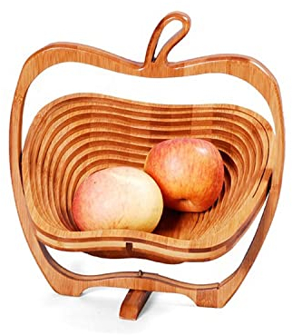 electromax Foldable Apple Shaped Basket: 30 x 27 x 22.5 cm Folding Bamboo Fruit Bowl Holder Basket and Cutting Board Bamboo Wood Fruit Bowl with an Apple Design, Natural Bamboo Brown