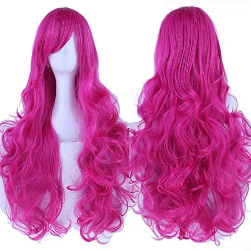 IMISSU 80 cm långt lockigt naturligt hår Cosplay Peruk med lugg Färgglad Halloween Kostym Huvudbonader Fest Peruker för kvinnor (Rosa)
