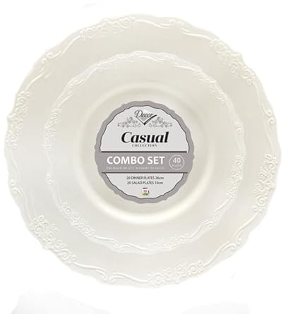 Decorline Elegantes Mehrweg Teller Set Creme – 40-teilig – Vintage Kollektion – Wiederverwendbares Haushaltsgeschirr – Spülmaschinengeeignet – 26 cm & 18 cm