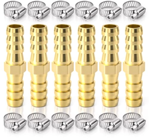 Bwintech 6 Pezzi Raccordi portagomma, 19 mm 2 vie dritta in ottone connettore portagomma con 12 morsetti