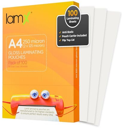 LamX A4 Laminierfolien 250 Mikron, Hochglanz-Finish, antistatische Formel, Laminierhüllen 250 Mikron (125 + 125 Mikron), 100 Stück glänzende Laminierfolien, ideal für Arbeit, Zuhause oder Schule