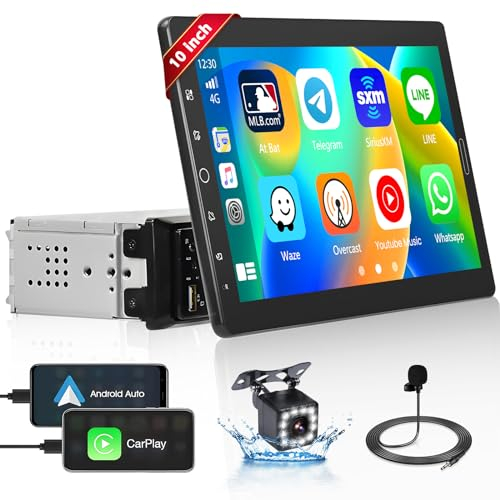 Hikity 10,1 Zoll 1 Din Autoradio mit Carplay Android Auto Wired Bluetooth Freisprecheinrichtung, Abnehmbares Bildschirm Touch Display Car Radio mit Mirror Link FM USB SD AUX + Rückfahrkamera