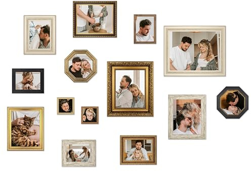 14 Piece Assorted Vintage Gallery Wall Frame Set - Different Size Antique Picture Frame Collage for Wall - Ornate Gold and Rustic Wooden Frames for Art, Paintings or Family Photos - French Style Decor