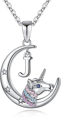TINGN Einhorn Halskette - 14K Weißgold Vergoldet Halbmond Kette für Mädchen mit Bunten CZ Buchstaben, Geschenke für Kinder