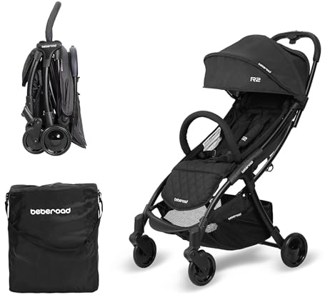 Beberoad Lightweight Baby Stroller for Airplane R2 Small Travel Stroller Compact Strollers Foldable, Infant Toddler Stroller with Adjustable Backrest, Cup Holder and Waterproof Canopy, Black