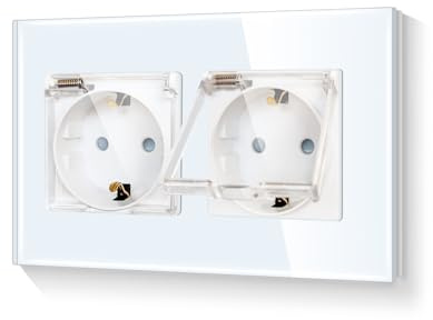 LIAONFOY Schuko Doppel Steckdose mit Deckel Glasrahmen Steckdose mit Kindersicherung Unterputz 2 Fach Küche Feuchträume Wandsteckdose Zweifach Weiß 110-250V 157mm