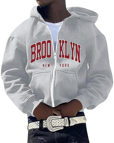 Y2K Zip Up Hoodie Herren Oversized Sweatjacke Mit Kapuze Zipper Kapuzenpullover Sweat Jacken Hoody Mit Kapuze Kapuzenjacke Sweatshirt Pullover Geschenke Für Männer Jungen Herren Grey M