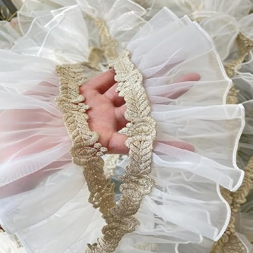 BAICO Plissee-Rüschenbesatz aus Organza-Stoff mit goldenem 3D-Spitzenfransenband, Hochzeitskleid-Kragen, DIY-Nähzubehör