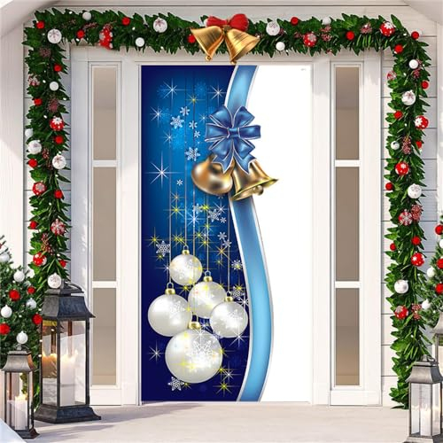 Chickwin Weihnachtstürabdeckung, Weihnachtsmann Türabdeckung Dekoration Weihnachts Party Banner im Freien Romantisch Hängender Hintergrund Banner für Weihnachten Deko, 90x200cm (Blau)