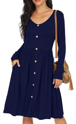 GRECERELLE Womens Long Sleeve Casual Plain Swing Dresses Button Down A-Line Midi Short T-Shirt Dress with Pockets (Navy Blue, L)