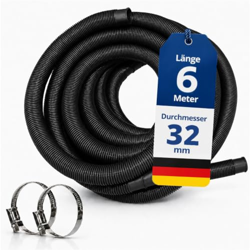 HAF högkvalitativ poolslang 32 mm svart 6 meter för trädgård och pool | solslang inkl. 2 x slangklämmor i rostfritt stål | poolslang | pumpslang – kvalitet: Tillverkad i Tyskland