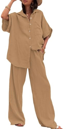 amropi Mujer Conjunto de Manga Corta Botones Camisa y Pantalones Anchos Casual Verano Loungewear