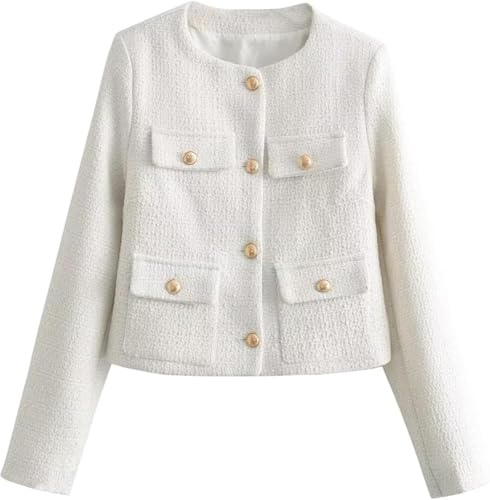 Yancremio Tweedjacke für Damen Business Arbeit Büro Abendessen lässiger Tweed Blazer Vintage eleganter runder Kragen Lange Ärmel Knopfleiste lockerer Trendiger Blazer (Weiß,S)