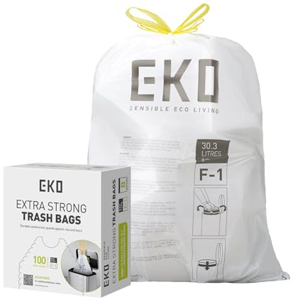 EKO Bolsas de basura extralargas con cordón, bolsas de basura de 30 litros, 100 bolsas, extrafuertes, caja de acceso rápido, ajuste perfecto para cubos de reciclaje, a prueba de fugas, color blanco
