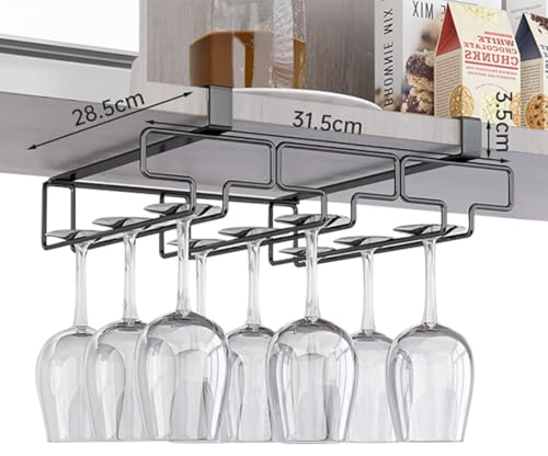 Weingläser-Aufbewahrungs-Organizer-Halter|Bohrfreier Unter Dem Schrank Hängender Stielglasständer|Weinglas-Wäscheständer Aus Edelstahl für Küche,Bar,Restaurant,Schwarz,3 Reihen – 31,5 Cm (12,4 Zoll)