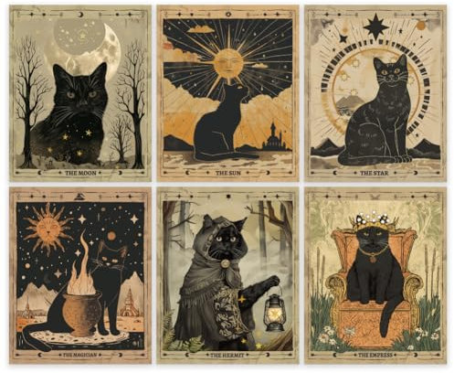 GOMAKERER 6 Stück Tarot Poster Mit Schwarzer Katze, Vintage Katze Kunstdruck Landschaft Poster Retro Motiv Sonne Mond Sterne Wald Ungerahmt Mystisches Katzendekor Wandkunst Für Zuhause Büro Wohnzimmer