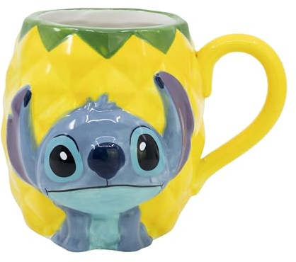 Elbenwald tasse en design 3D pour les fans de Lilo & Stitch - design ananas Stitch - 9,5 x 10,5 x 13 cm - 420 ml - céramique - jaune