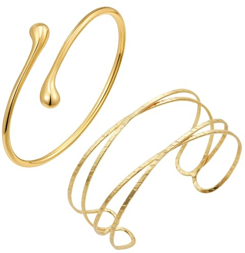 ChAusa 2 Pcs Bracelet Upper Arm Cuff Adjustable Upper Arm Bracelet with Smooth Opening Minimalist Style Metal Jewellery for Most Girls, Women(Gold)
