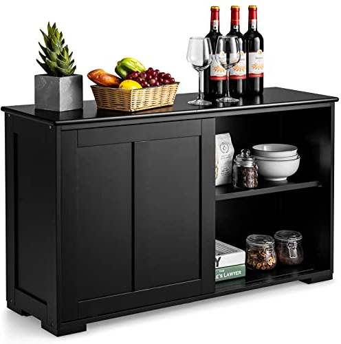 COSTWAY Buffet avec Porte Coulissante, 2 Etagères, Armoire Cuisine pour Salon, Salle à Manger, 106,5 x 33 x 60 cm (Noir)