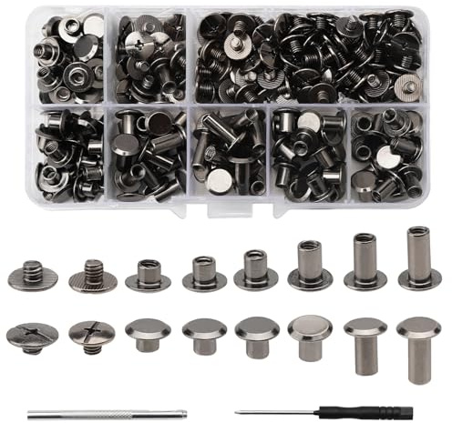 Lot de 110 rivets Chicago en cuir noir pistolet de 6 tailles M5 x 4 mm/5 mm/6 mm/8 mm/10 mm/12 mm avec kit d'outils d'installation rivets à vis M5 Chicago pour réparation du cuir