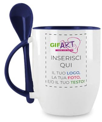 GIFART Tazza Personalizzata con Cucchiaino in Ceramica - Tazza Colazione Personalizzabile con Foto Testo - 300ml vari colori disponibili - Idea Regalo Compleanno, Natale, Mamma, Papà (BLU)