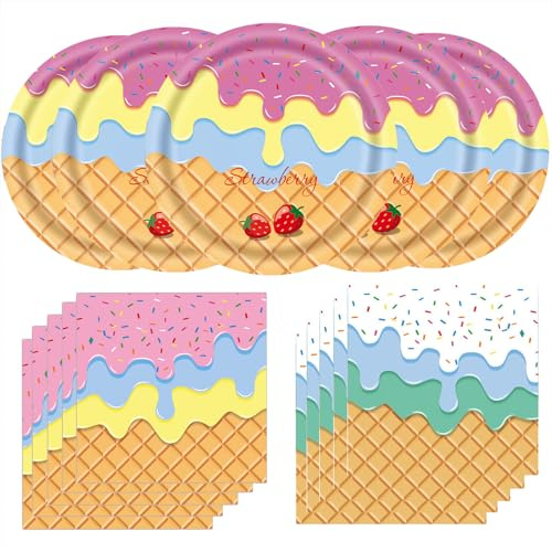 40Pcs Ice Cream Napkins and Plates, Party Supplies Ice Cream Disposable Paper Plates Napkins Tableware Set for Birthday Sweet Summer Ice Party (40Pcs)