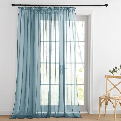 PONY DANCE Extra Breite Gardinen Blau für Schienensystem Vorhang Transparent 1er Set H 245 x B 300 cm Wohnzimmer Vorhänge mit Kräuselband Voile Gardinen Durchsichtig Leinenoptik
