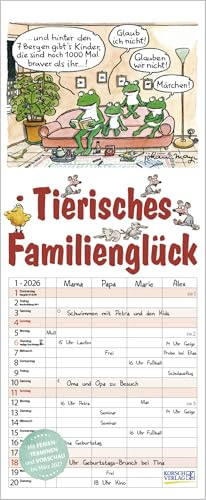 Tierisches Familienglück - Familienplaner 2026 für 4 Personen - Korsch-Verlag - Kalender mit 4 Spalten zum Eintragen - 19 cm x 46 cm