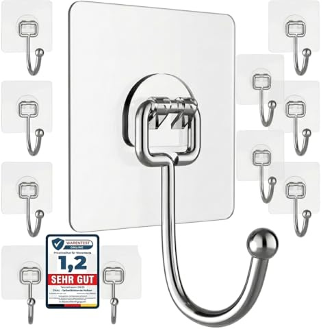 Daal® 10 Stück Klebehaken Edelstahl bis 20 kg – Selbstklebend ohne Bohren, wasserdicht & rostfrei, transparente Heavy Duty Wandhaken für Bad, Küche, Handtücher, Kleidung, Pflanzen & Deko
