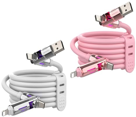 MFish 2-Pack 240W 4-in-1 Multi Charging Cable, Pink+White, 6.6FT | Carrying Case, USB-A & USB-C to USB-C/Lightning, For iPhone 17/16/15/14, MacBook, iPad, Laptop, Samsung S25/S24