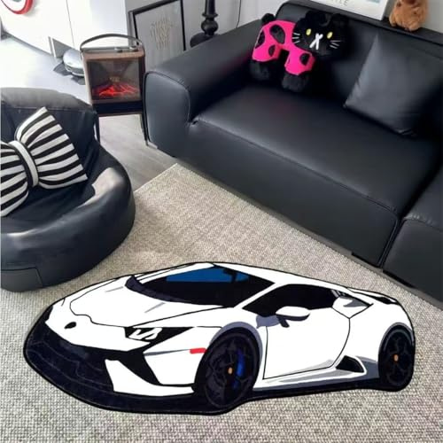 RUILBJM 3D Auto Teppich - Speziell Geformte Bodenmatte für Schlafzimmer, Cartoon Graffiti Carpet, für Balkon Flur Badezimmer Eingangstür Matte, Sportwagen Themen Heimdekoration (Weiß 2,50x80cm)